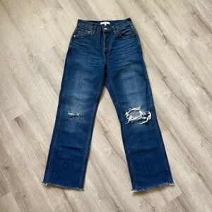 Re/Done Women's 90's High Rise Loose Jeans in Dark Blue with Distressed Knees
